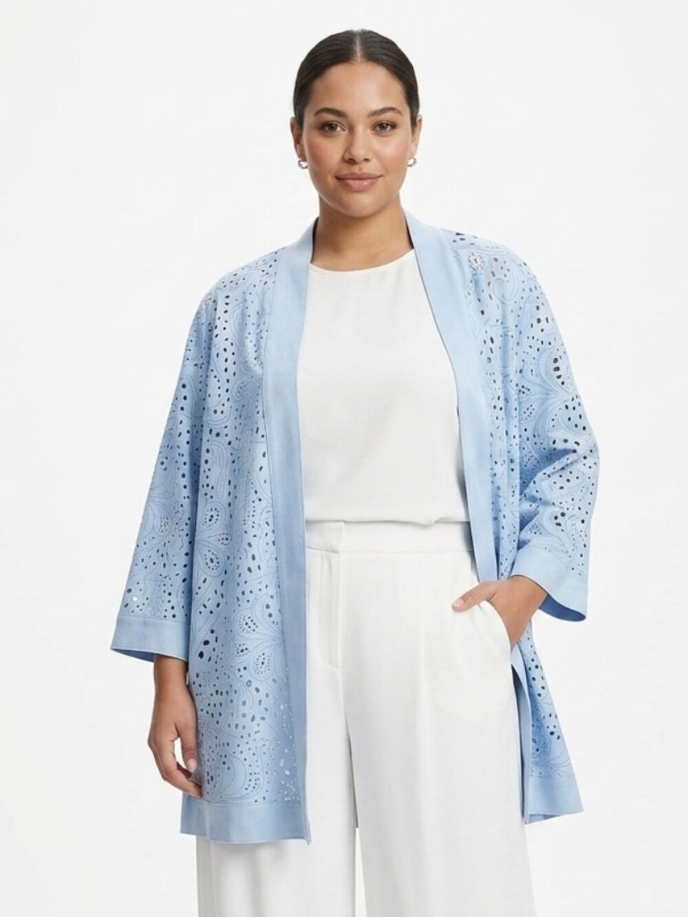 Wynne Collection Jacket Blue Perforated Open Casual Office Sueded 3X